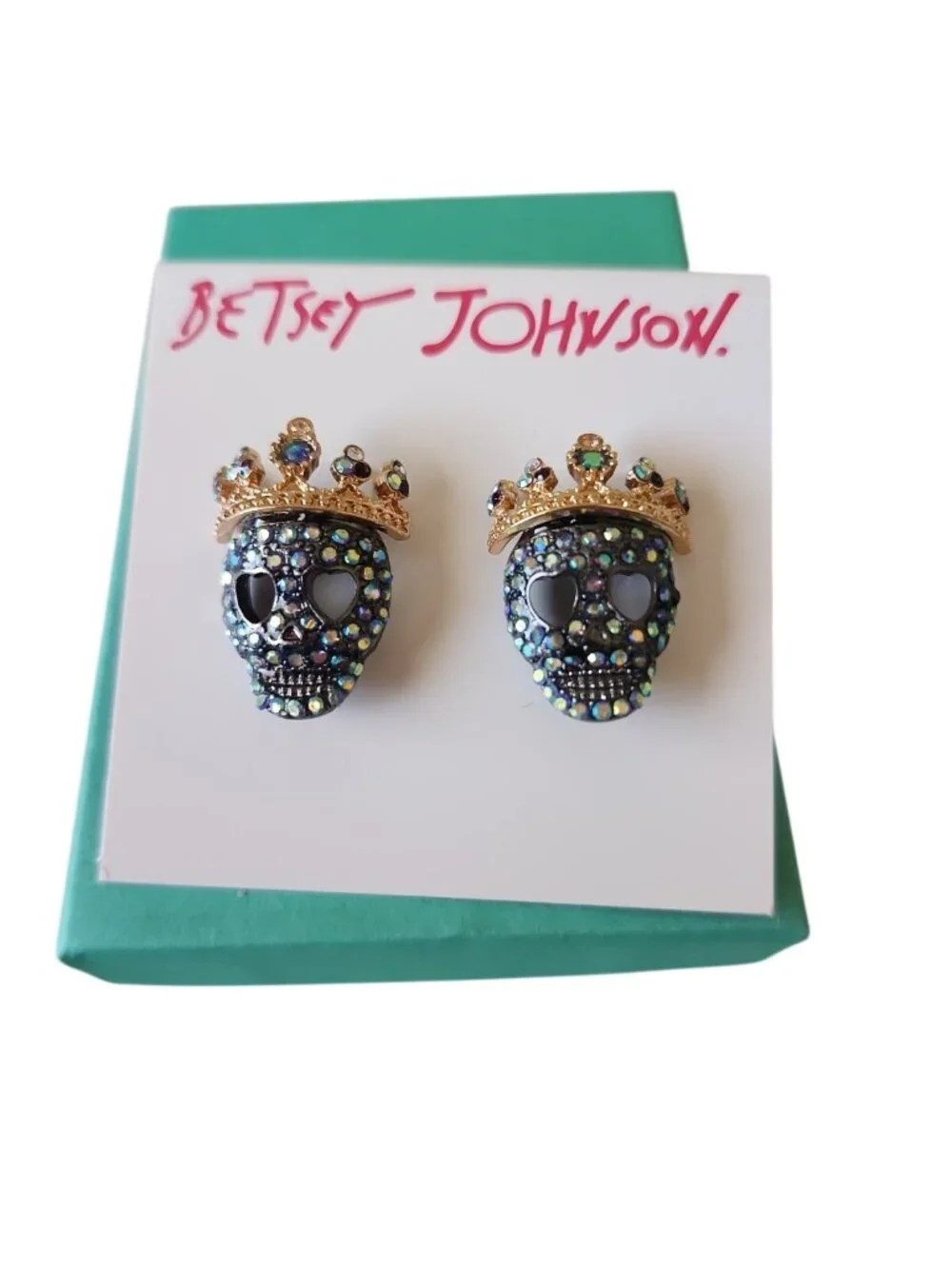 Betsey Johnson Skull & Crown Blue Rhinestone Pave  Earrings NIB